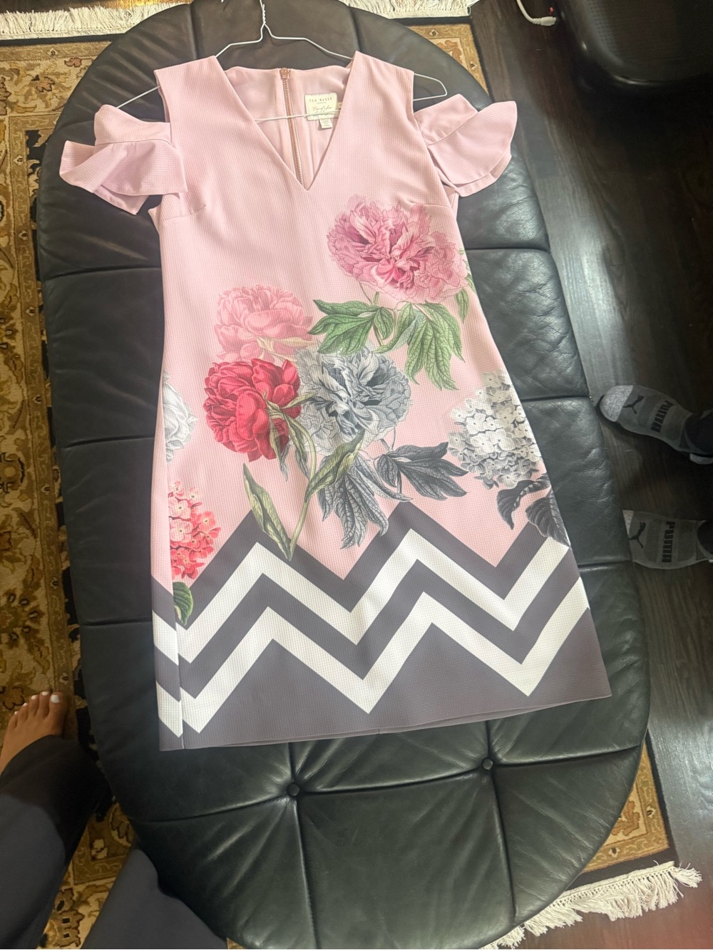 Ted Baker Pink Floral Chevron Cold-Shoulder Shift Dress